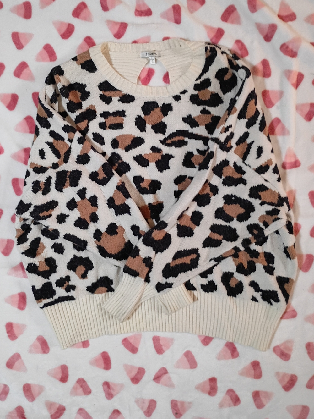JODIFL Cream Leopard Print Crewneck Sweater with Black and Brown Spots
